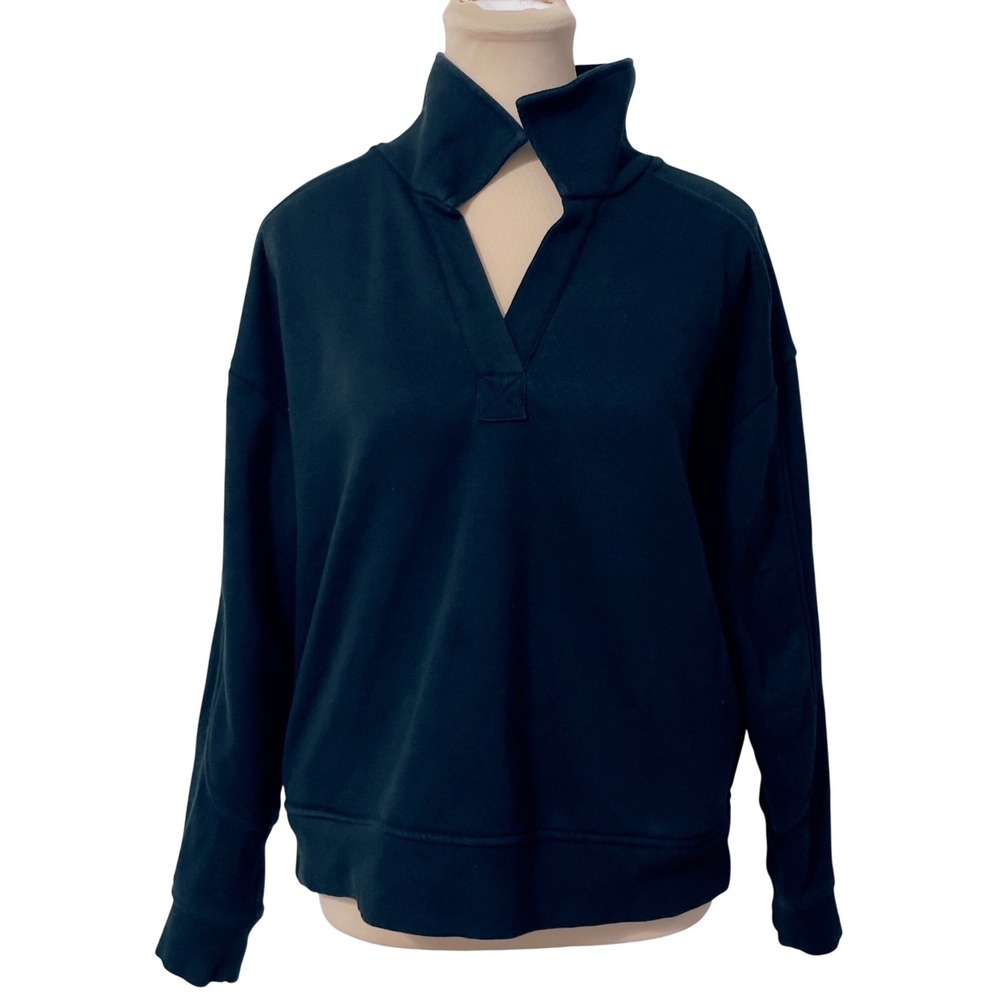 Freely Women Medium Black Split Neck Mock Collar Fleece Pullover Sweatshirt